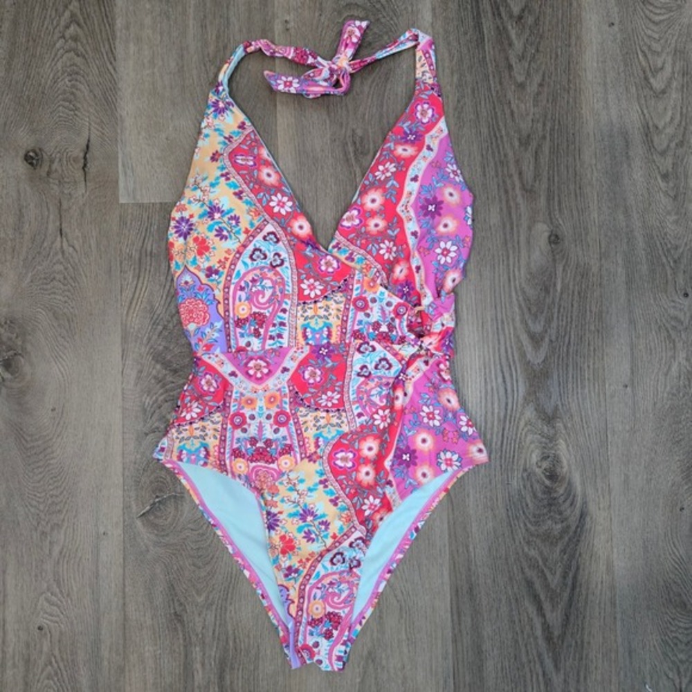 Nanette Lepore 6 Floral Print Halter One Piece Swimsuit Plunge V Neck Multicolor